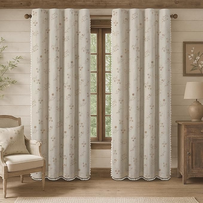 Boho Floral Spring 100% Blackout Curtains 84 Inch Length 2 Panels Set, Linen - Image 2