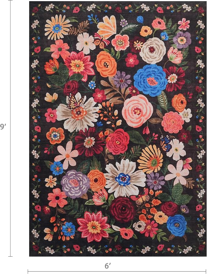 Floral Washable 6x9 Area Rugs, Soft Black/Brown Bedroom Rug - Image 2