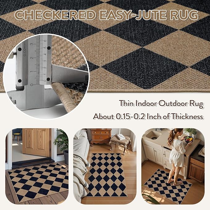 Lahome Colette Checkered Easy Jute Kitchen Rug, 2x3 Indoor Door Mat Small - Image 4