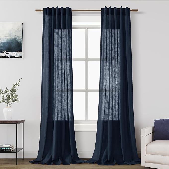 Navy Blue Linen Sheer Curtains 108 Inches Long Back Tab Rod Pocket 2 Panels by Nanspring