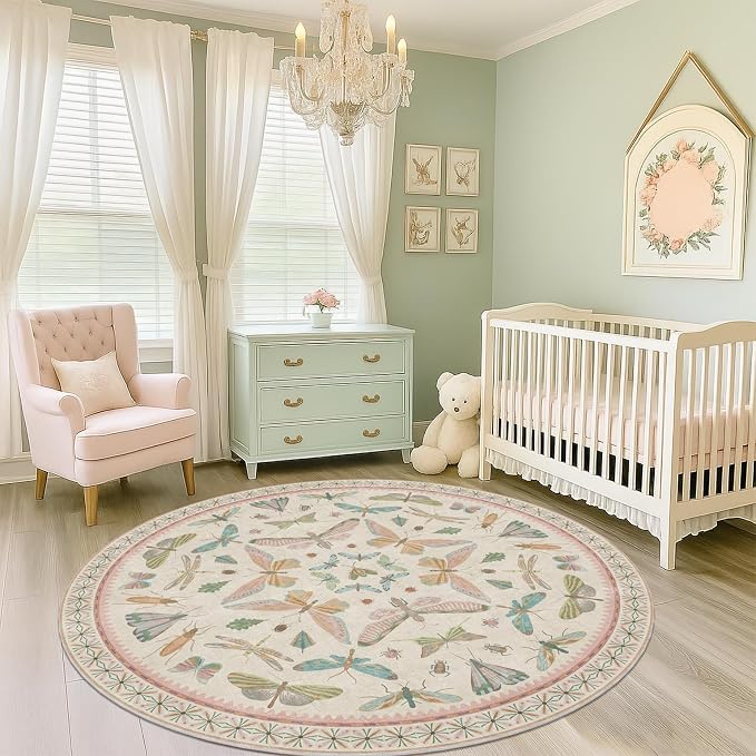 Pink Cute Butterfly 6ft Round Soft Rugs by HazoHaus