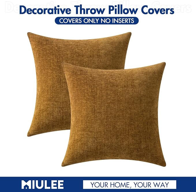 MIULEE Pack of 2 Couch Throw Pillow Covers 18x18 Inch Soft Mustard Chenille - Image 6
