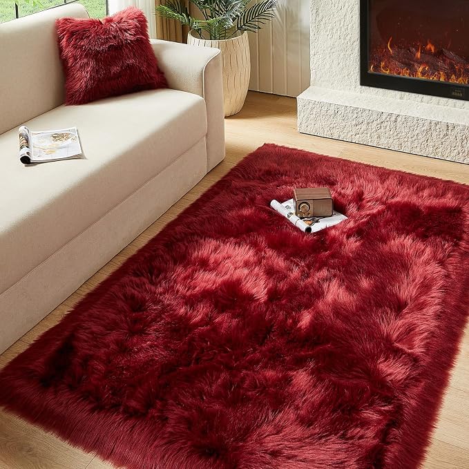 AMTOVO Faux Fur Sheepskin Rug for Living Room, 4 x 6 ft Burgundy Fluffy Area by AMTOVO