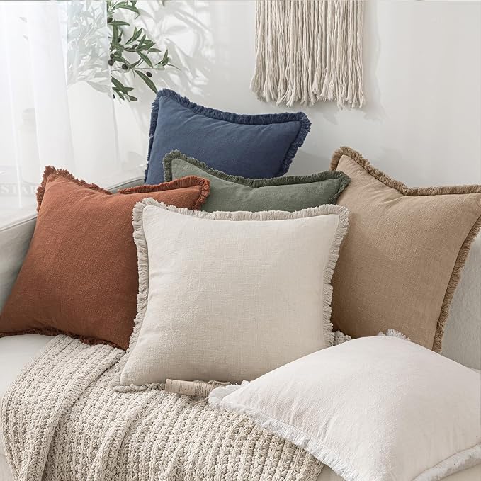 MIULEE Boho Linen Fringe Decorative Euro Throw Pillow Covers Camel 24x24 | Set - Image 6