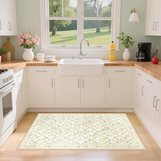 Entryway Rug 2X3 Small Rugs: Floral Washable Door Mat Vintage Soft Low Pile - Image 4