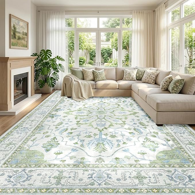 Area Rugs 9'x12' Washable Non-Slip, Floral Vintage Distress Print Pattern - Image 2