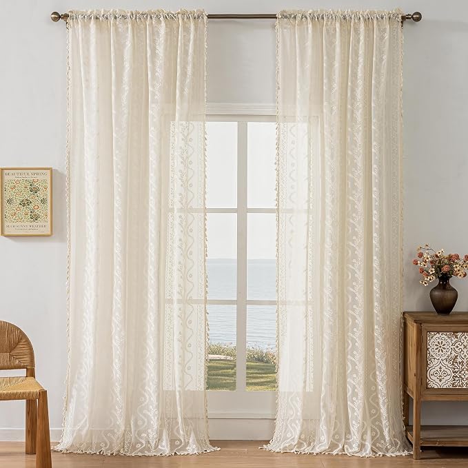 WAZZIO Boho Lace Curtains 2 Panels 96 Inches -Cute Vintage Victorian Sheer - Image 3