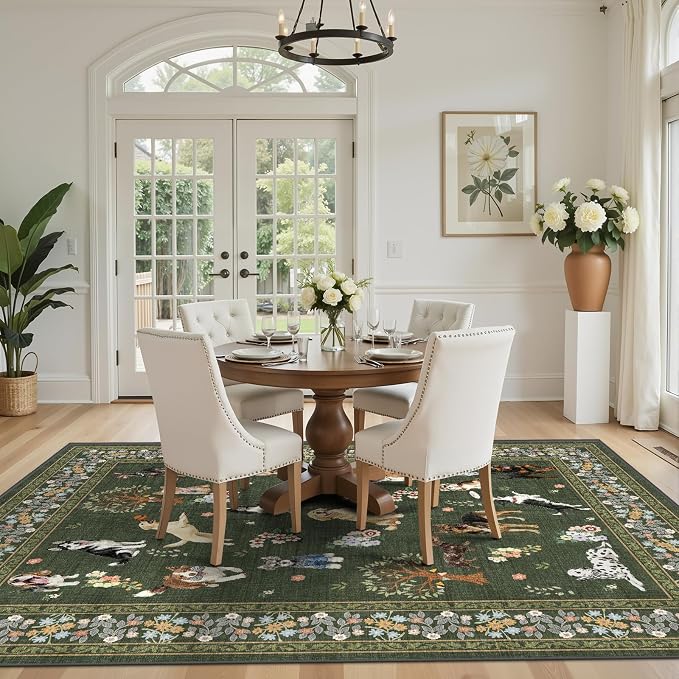 Dark Green Area Rug 5x7 for Living Room Bedroom | Ultra-Thin;Boho Style; Non - Image 4