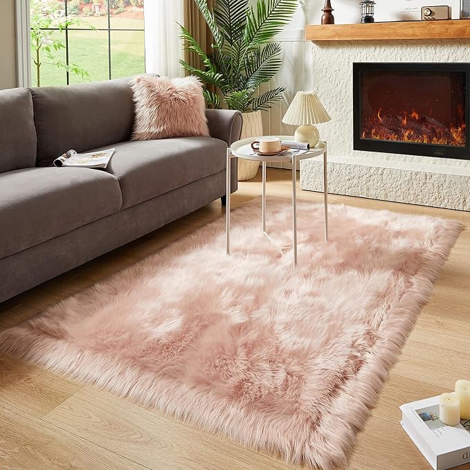 AMTOVO Faux Fur Sheepskin Rug for Living Room, 4 x 6 ft Pink Fluffy Area Rug - Image 7