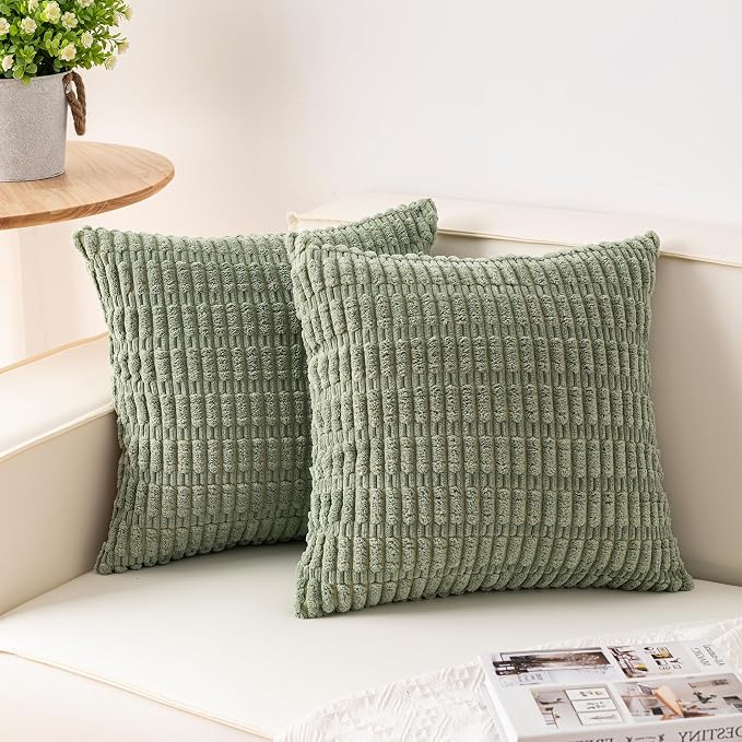 Pack of 2 Corduroy Decorative Throw Pillow Covers 18x18 InchSoft Boho Striped by Unknown