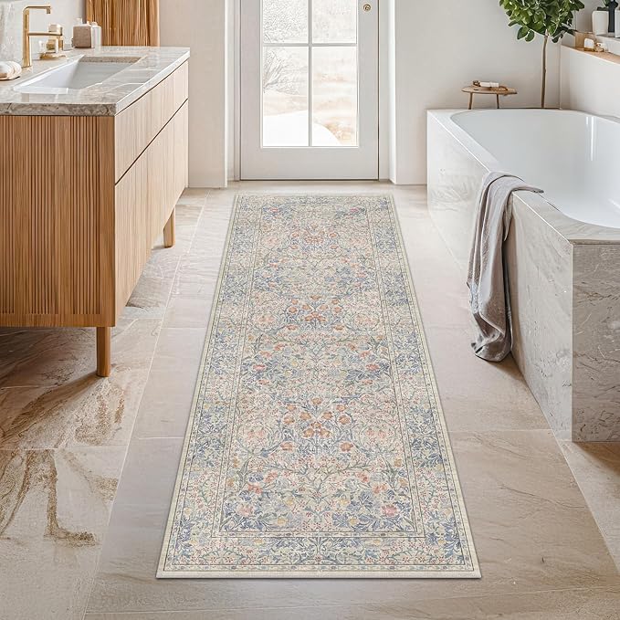 Beige Blue Washable 2x8 Runner Rug - Image 3