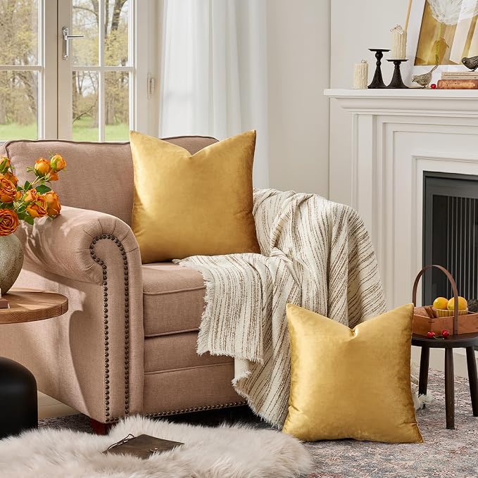 GIGIZAZA Golden Throw Pillow Covers 16x16 Decorative Velvet Cushion Covers Pack - Image 3