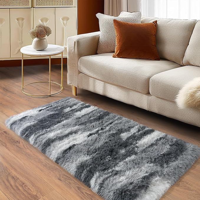 Soft Runner Rugs for Bedroom Hallways, 2x4 Abstract Grey Fluffy Shag Throw Area - Image 3