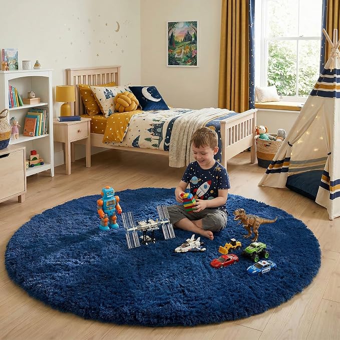 Navy Blue Round Rugs 5Ft for Boys Bedroom, Fluffy Circle Area Rug for Kids - Image 5