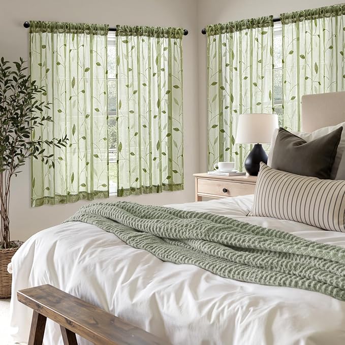 MIULEE Sage Green Sheer Curtains 2 Panels Embroidered Leaf Patterned Rod Pocket - Image 7