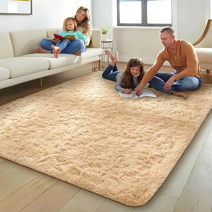 Ophanie Beige Rugs for Living Room Bedroom, 5x8 Fluffy Fuzzy Furry Carpet - Image 3