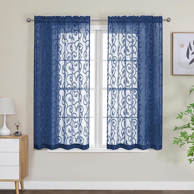 OWENIE Furman Blue Sheer Curtains 45 Inch Length 2 Panels Set - Image 2