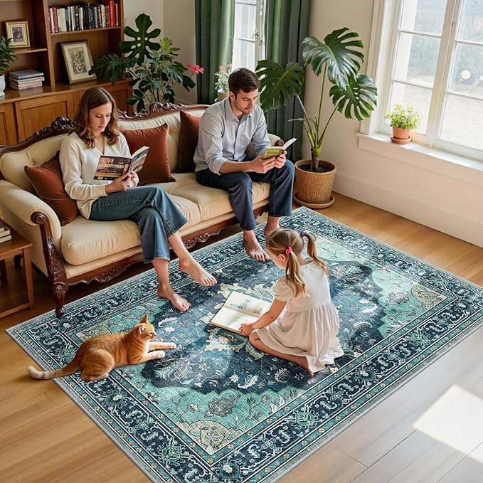 Area Rugs 5'x7' Washable Non-Slip, Floral Vintage Distress Print Pattern - Image 3