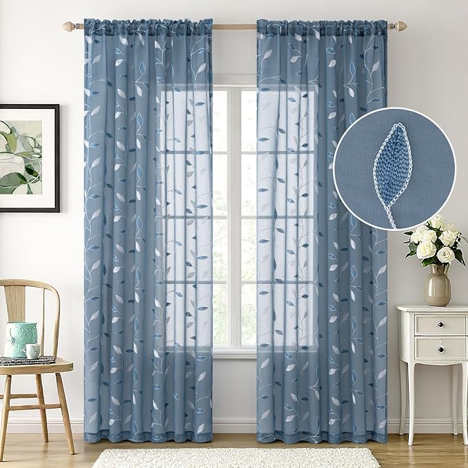 MIULEE Stone Blue Sheer Curtains 2 Panels Embroidered Leaf Patterned Rod Pocket - Image 2