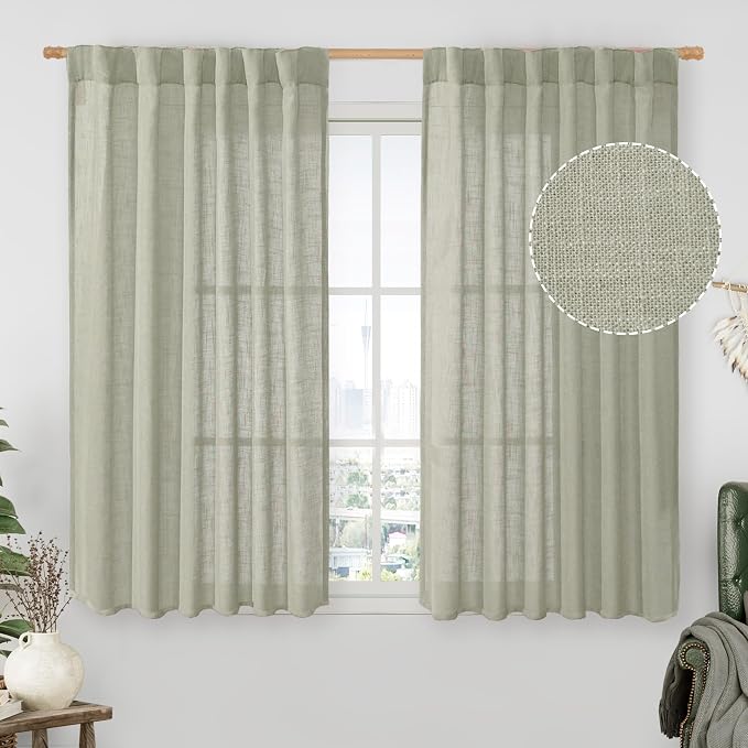 LAMIT Sage Grey Linen Curtains 54 Inch Length 2 Panels, Light Filtering Panels by LAMIT