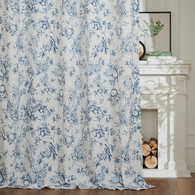 jinchan Linen Floral Curtains for Living Room 96 Inch Length Blue Printed - Image 6