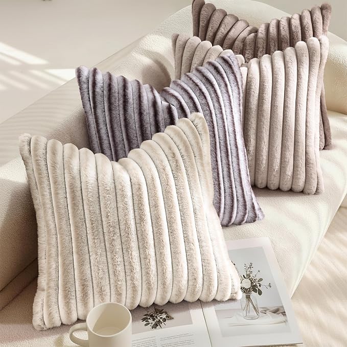 decorUhome Fall Faux Fur Throw Pillow Covers 24x24 Set of 2 Brown White | - Image 4