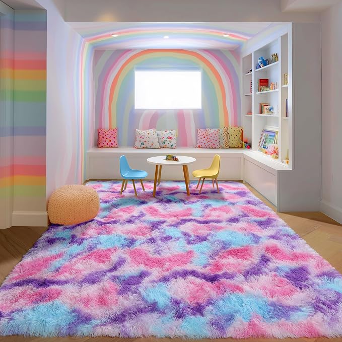 Vibrant Rainbow Purple Rugs for Girls Bedroom 5x8 Ft, Fluffy Pastel Girl Rug | - Image 6