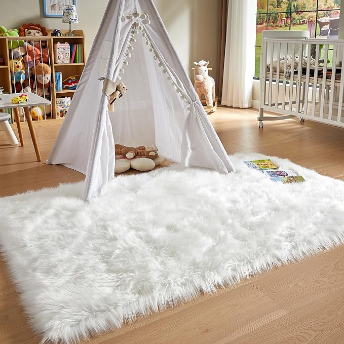 AMTOVO Faux Fur Sheepskin Rug for Living Room, 4 x 6 ft White Fluffy Area Rug - Image 6