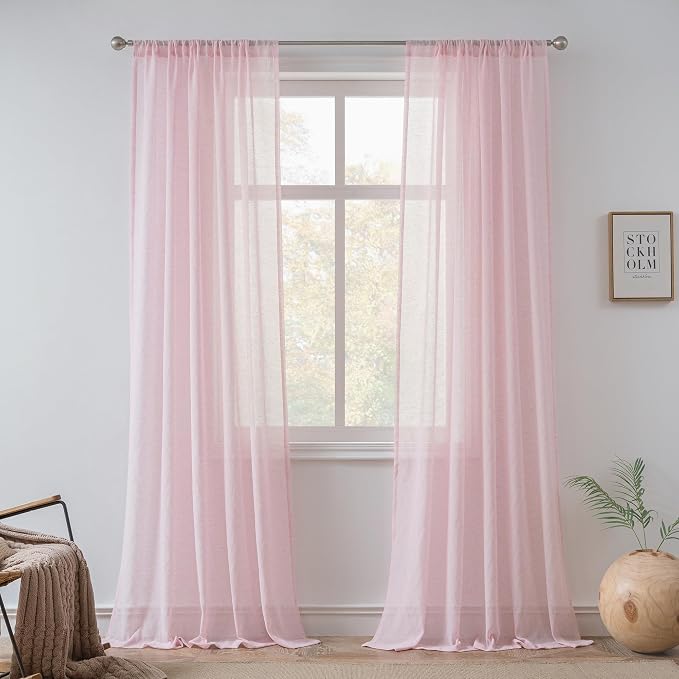 FMFUNCTEX Linen Sheer Curtains for Bedroom, Blush Pink Farmhouse French Flax by Fmfunctex