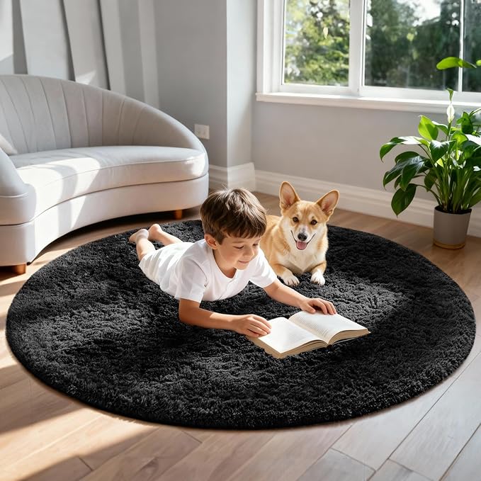 Ophanie Round Rug 6Ft Black Circle Area Rug, Room Decor - Image 3