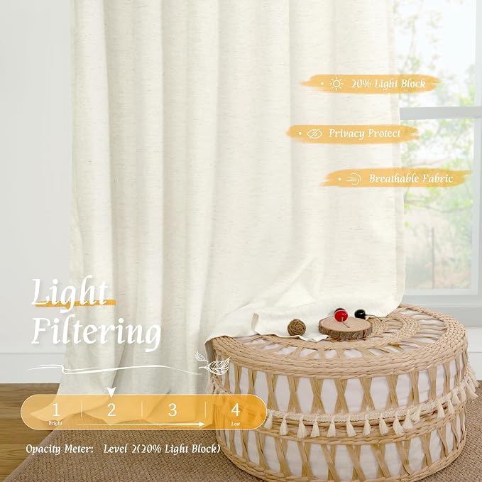 LAMIT Natural Linen Curtains for Bedroom, 72 Inch Faux Linen Textured Light - Image 4