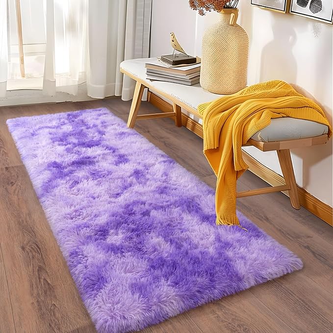 Soft Runner Rugs for Bedroom Hallways, 2x6 Tie-Dyed Purple Fluffy Shag Throw - Image 6
