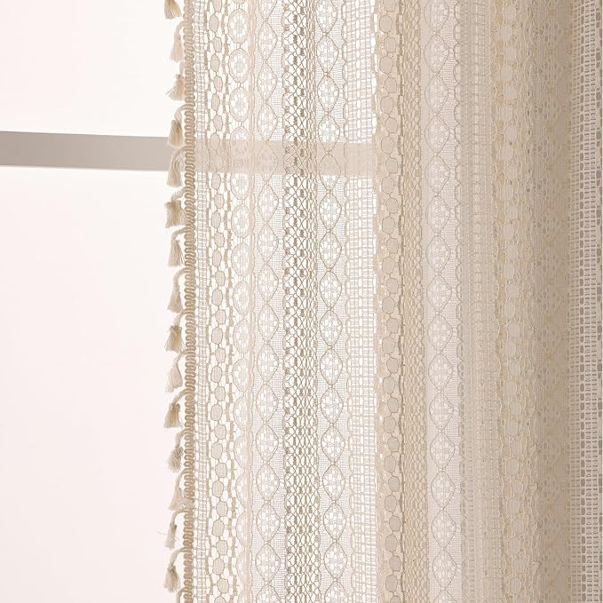WAZZIO Boho Lace Curtains 63 Inches 2 Panel, Light Filtering Privacy Tassel & - Image 9
