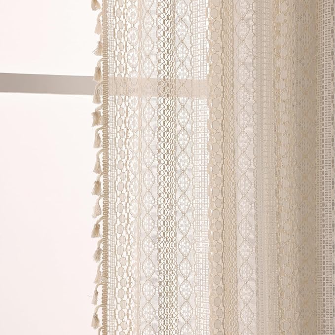 WAZZIO Boho Lace Curtains 96 Inches 2 Panel, Light Filtering Privacy Tassel & - Image 6