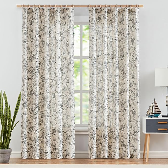 jinchan Floral Curtains 90 Inch Length Black Flower Linen Farmhouse Curtain - Image 2