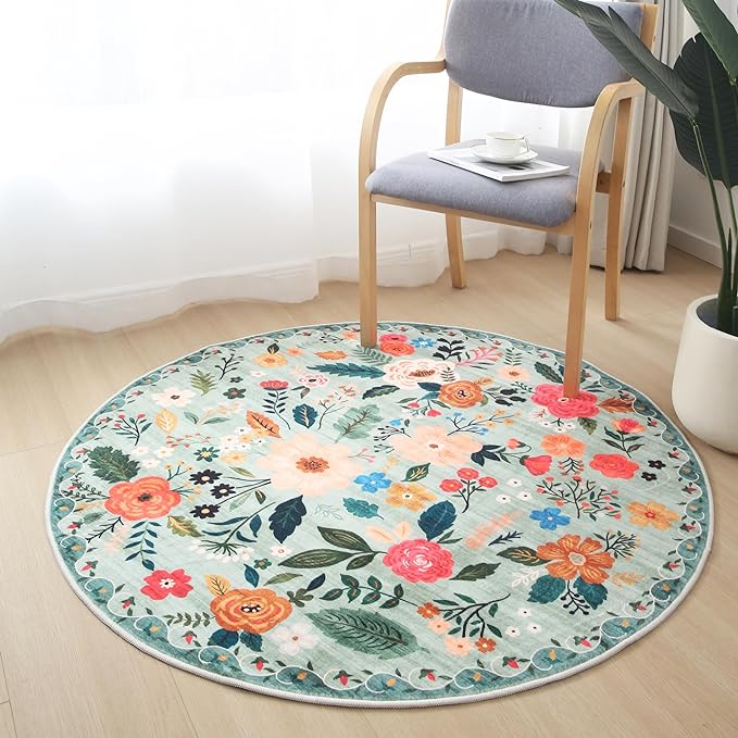Rugcomf Round Rug 4ft Washable Circle Rug Non Slip Low Pile Boho Floral Small - Image 6