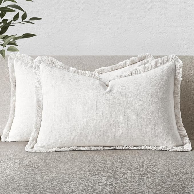 MIULEE Decorative Lumbar Throw Pillow Covers Neutral Linen Fringe Throw Pillows by MIULEE