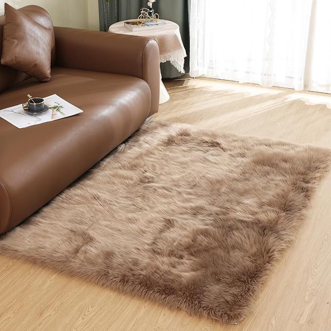 Latepis Washable Faux Fur 3x5 Area Rug Camel Beige Fluffy Shag Furry Sheepskin by Latepis