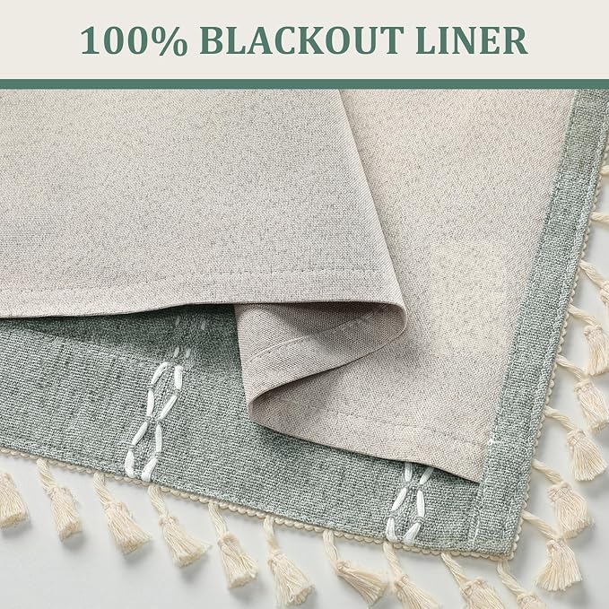 Teal Boho Blackout Curtains 63 Inches Long Light Green Linen Blend 2 Panels - Image 4