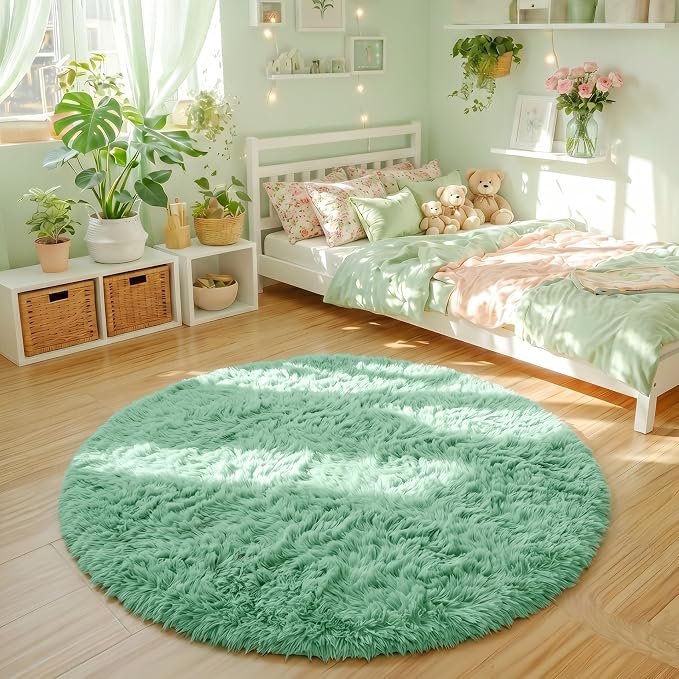 Amdrebio Sage Green Fuzzy Round Kids Rug 4Ft - Image 3