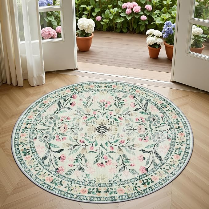 Round Area Rug for Living Room: 4 ft Floral Washable Circle Rug Soft Non-Slip - Image 2