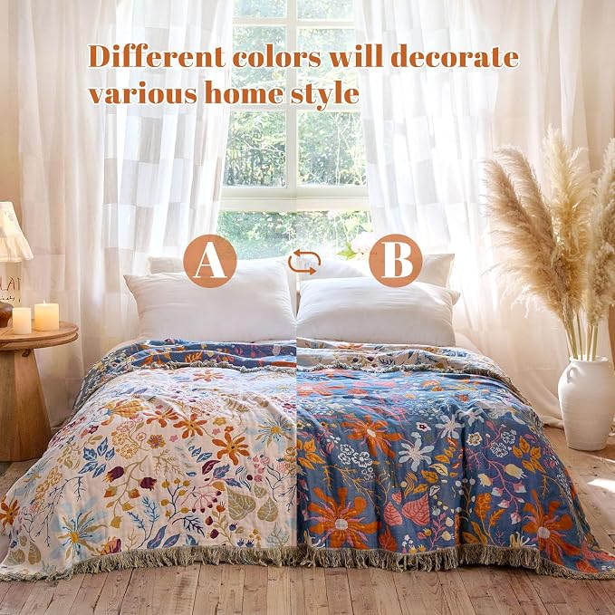 MSGKV Boho Throw Blanket for Bed 100% Cotton Floral Twin Size Couch Blanket - Image 4