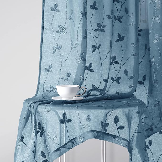 HOMEIDEAS Cyan Blue Sheer Curtains 52 X 63 Inches Length 2 Panels Embroidered - Image 7