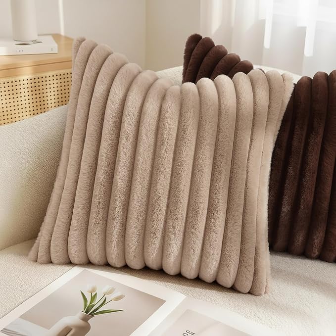 decorUhome Fall Faux Fur Throw Pillow Covers 22x22 Set of 2 Khaki Brown | - Image 4