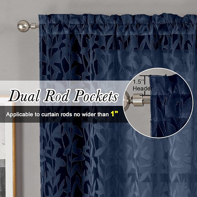 Lecloud Leia Jacquard Textured Navy Blue Sheer Curtains 96 Inches Long 2 Panels - Image 2