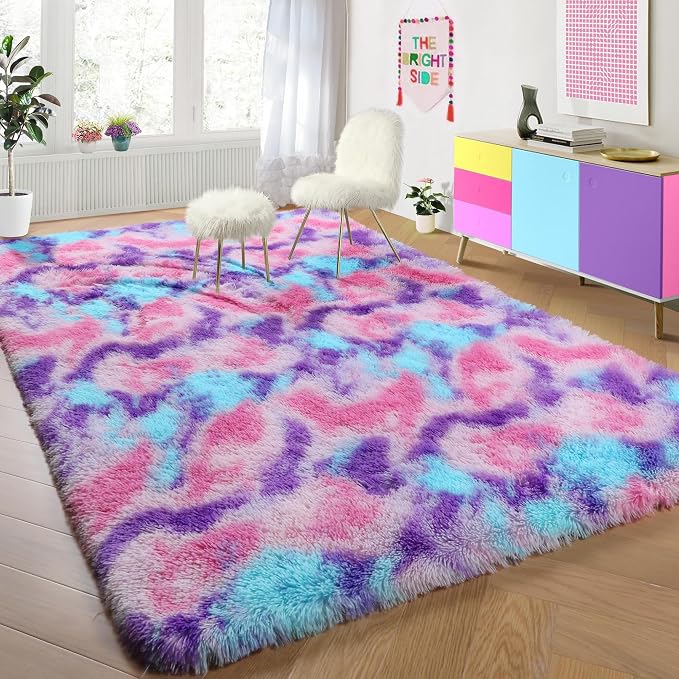 Vibrant Rainbow Purple Rugs for Girls Bedroom 5x8 Ft, Fluffy Pastel Girl Rug | - Image 4