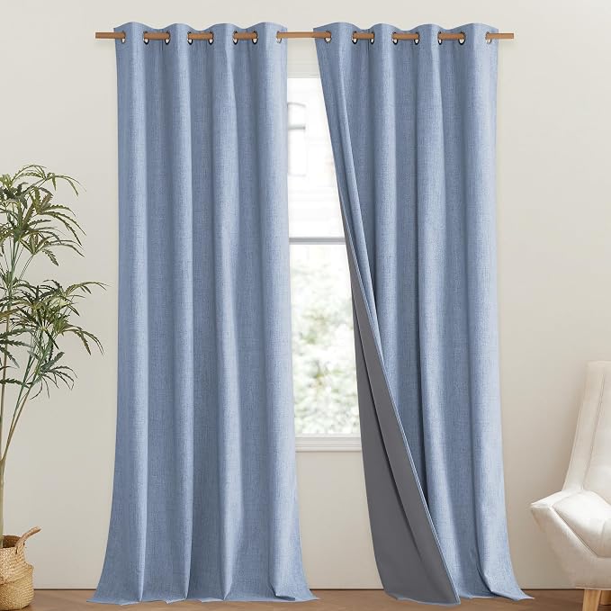 NICETOWN Stone Blue Vintage Linen 100% Blackout Curtains - Image 2
