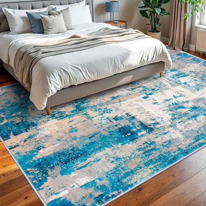 KOZYFLY Modern Abstract Area Rugs 8x10 Turquoise/Beige/Grey/Yellow Machine - Image 8