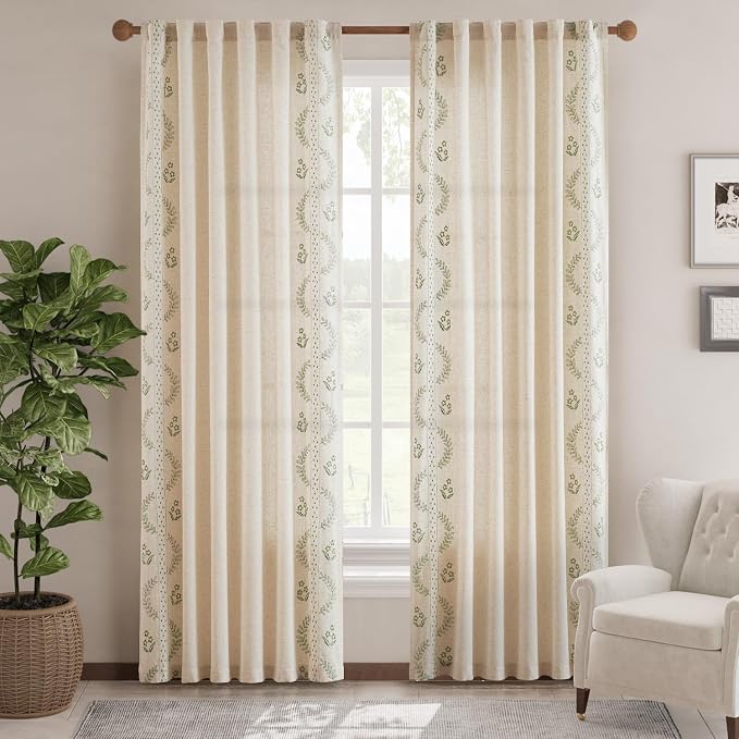 jinchan Belrose Linen Curtains for Bedroom Floral Curtains 90 Inch Length Linen - Image 2