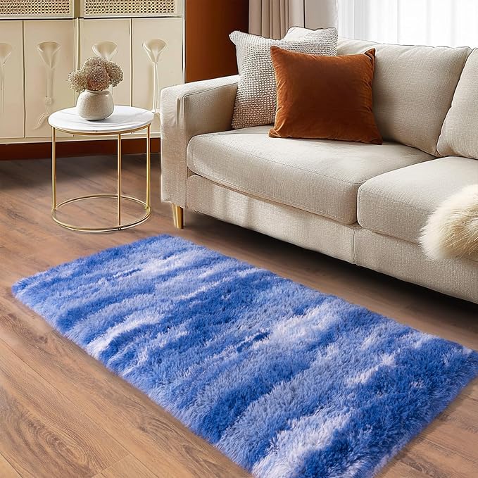 Soft Runner Rugs for Bedroom Hallways, 2x4 Abstract Blue White Fluffy Shag - Image 3